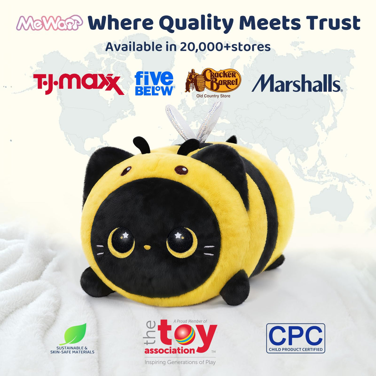 Mewaii cat bee plush face detail highlights expressive features for kids.