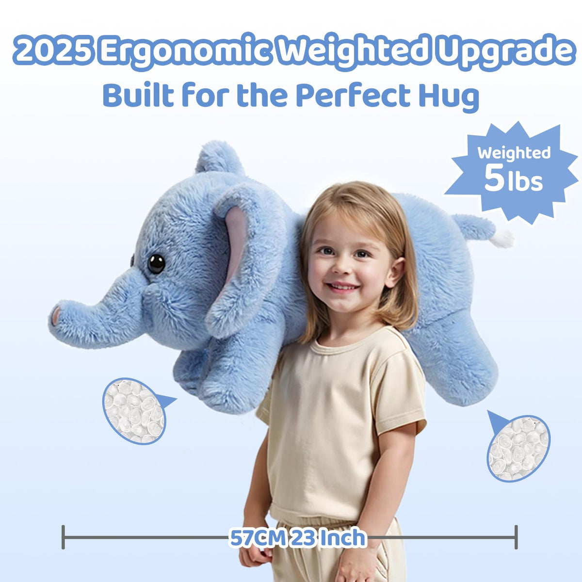 Five-pound weighted elephant plush showing balanced weight for full-body embrace.