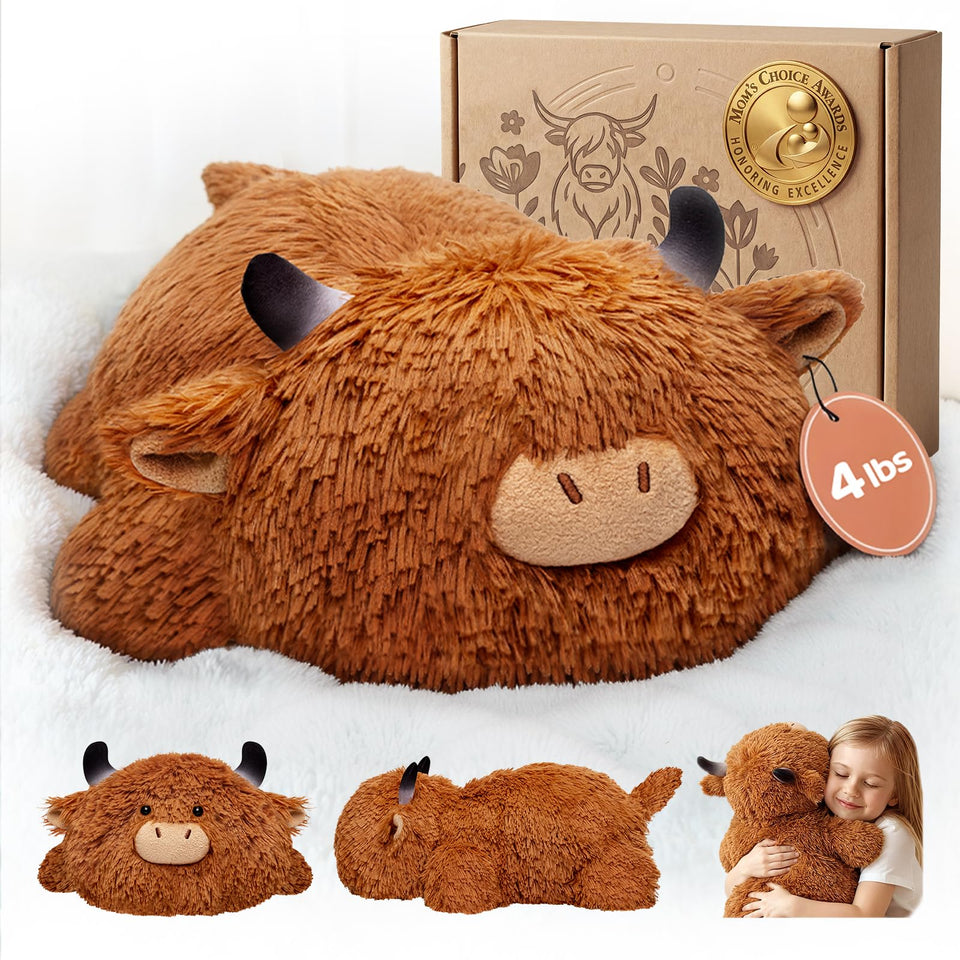 Mewaii Highland Cow weighted plush in full view for comforting hugs
