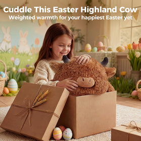 Mewaii Highland Cow weighted plush belly beads show gentle weight