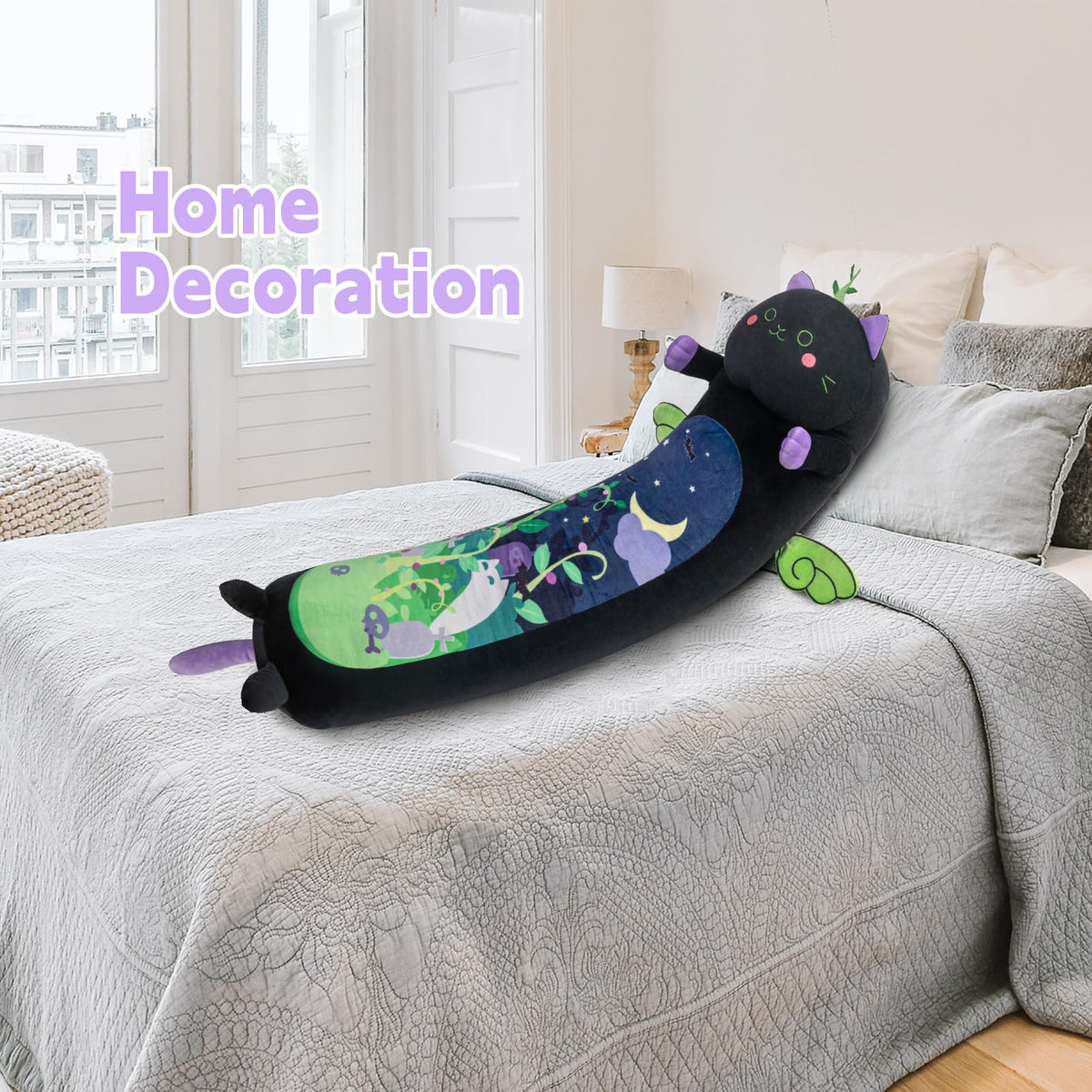 Mewaii long cat plush 110cm in soft fabric for bedtime cuddles.