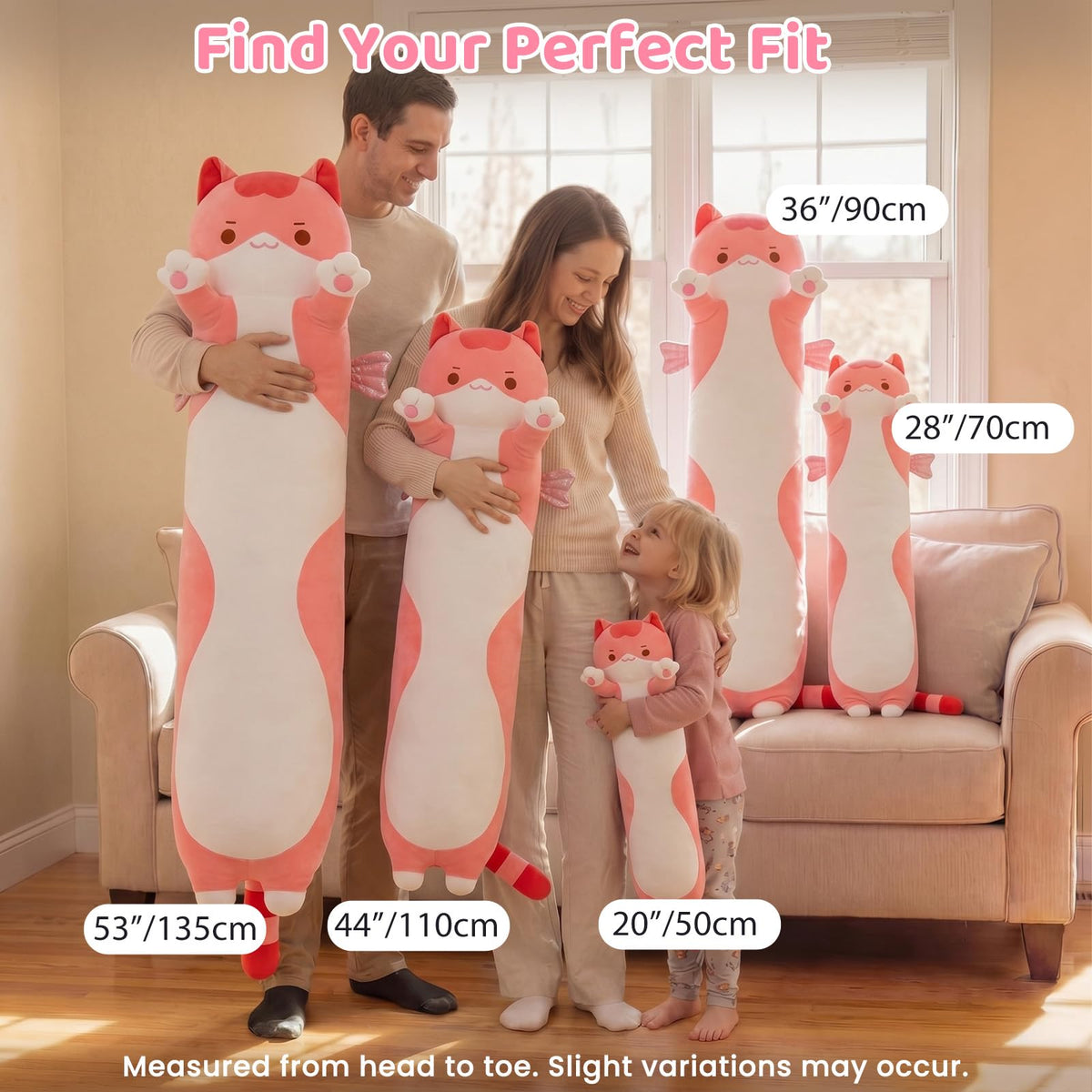 Mewaii Long Cat Plush 135cm giant cuddle partner for night sleep.