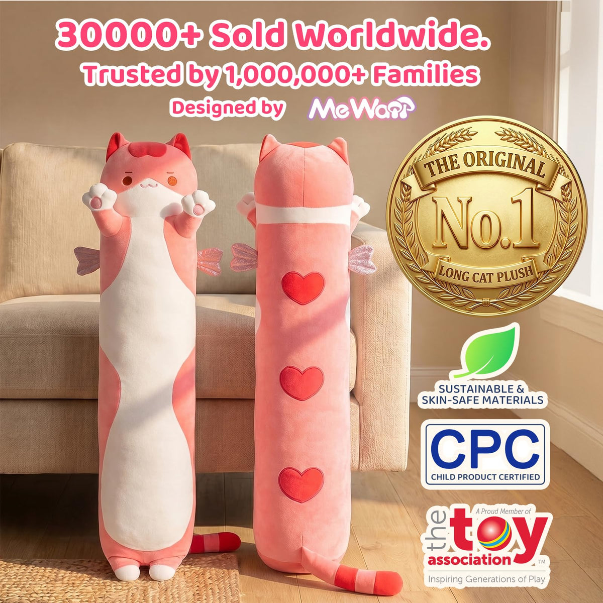 Mewaii Long Cat Plush 70cm silhouette for full-body cuddle support.