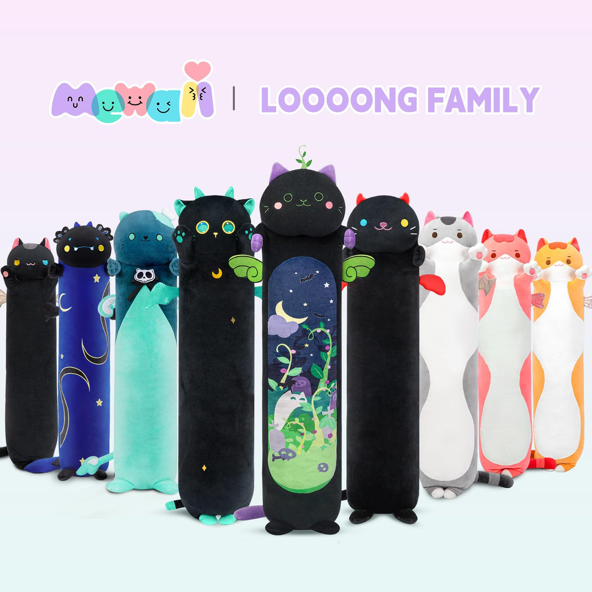Mewaii long cat plush hugging pillow in a cozy pose.