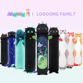 Mewaii long cat plush hugging pillow in a cozy pose.
