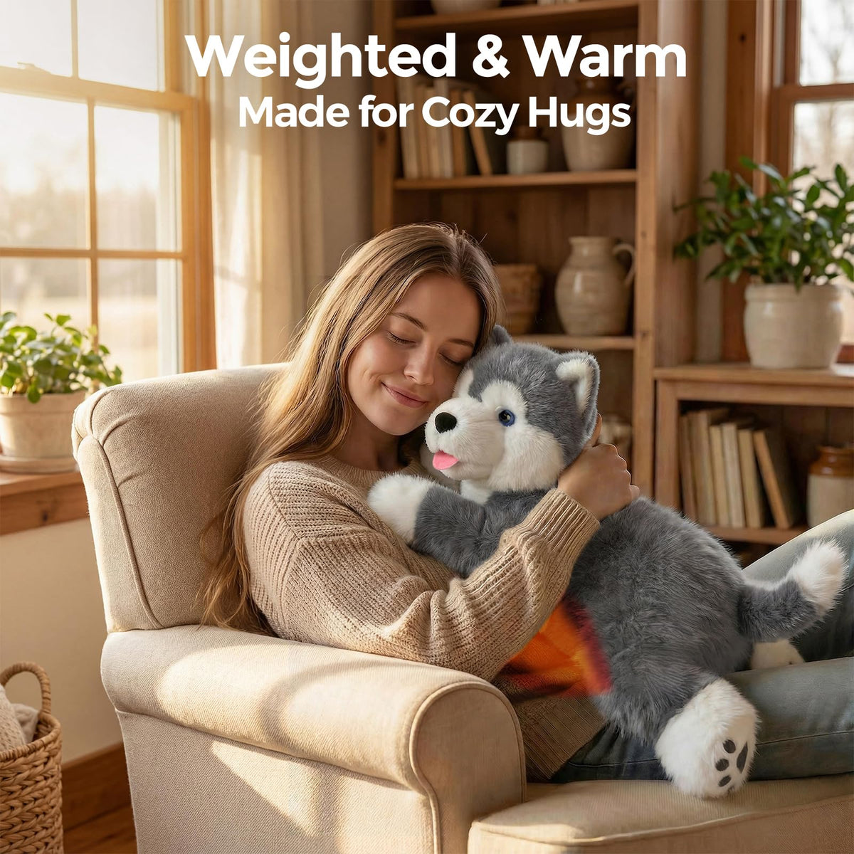 Mewaii weighted dog plush with floppy pose and soft fur for a lifelike hug.