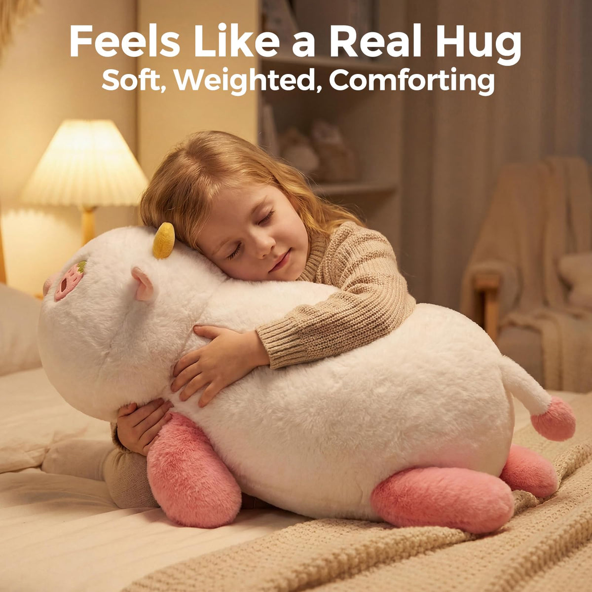 Mewaii weighted strawberry cow plush bead detail close-up conveys gentle pressure for comforting texture.