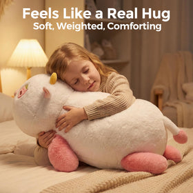 Mewaii weighted strawberry cow plush bead detail close-up conveys gentle pressure for comforting texture.