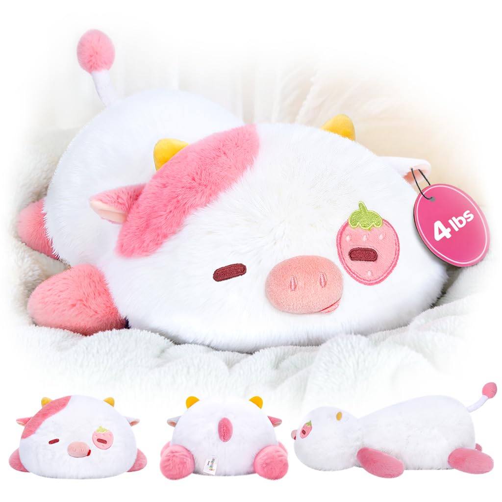 Mewaii weighted strawberry cow plush, front view, cozy companionship for calm moments.