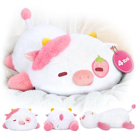 Mewaii weighted strawberry cow plush, front view, cozy companionship for calm moments.