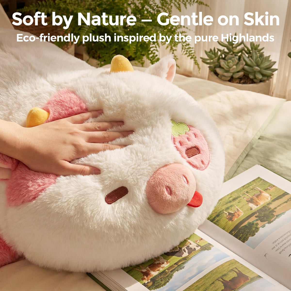 Mewaii weighted strawberry cow plush on bed as a cozy nighttime companion.