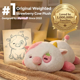 Mewaii weighted strawberry cow plush, side view, soft touch supports relaxed sitting or reading.