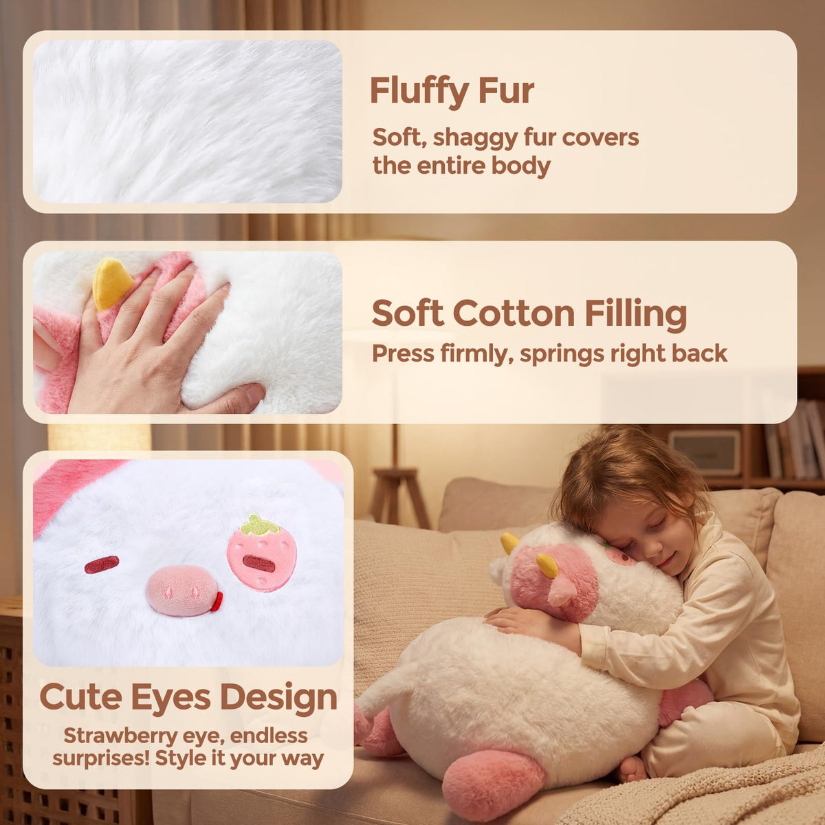 Mewaii weighted strawberry cow plush vacuum-packed in gift-ready packaging.
