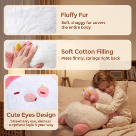 Mewaii weighted strawberry cow plush vacuum-packed in gift-ready packaging.