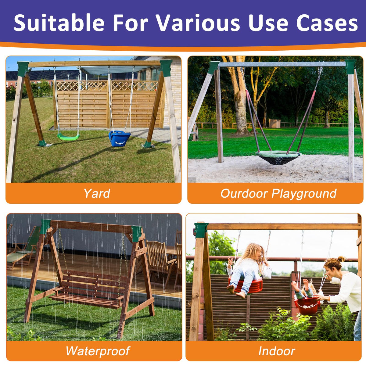 MEWSDEN heavy-duty swing brackets enable quick, secure installation in yards or indoor playrooms.