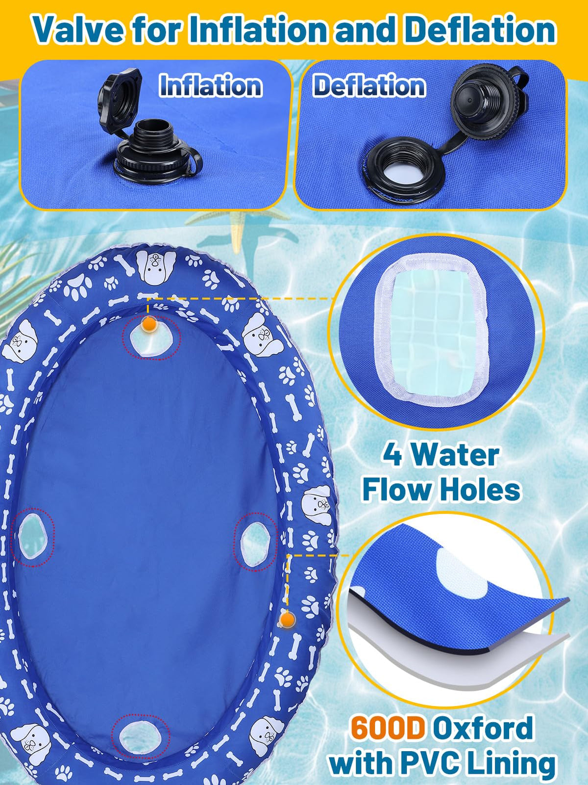 Double valve inflates and deflates for quick setup and storage.