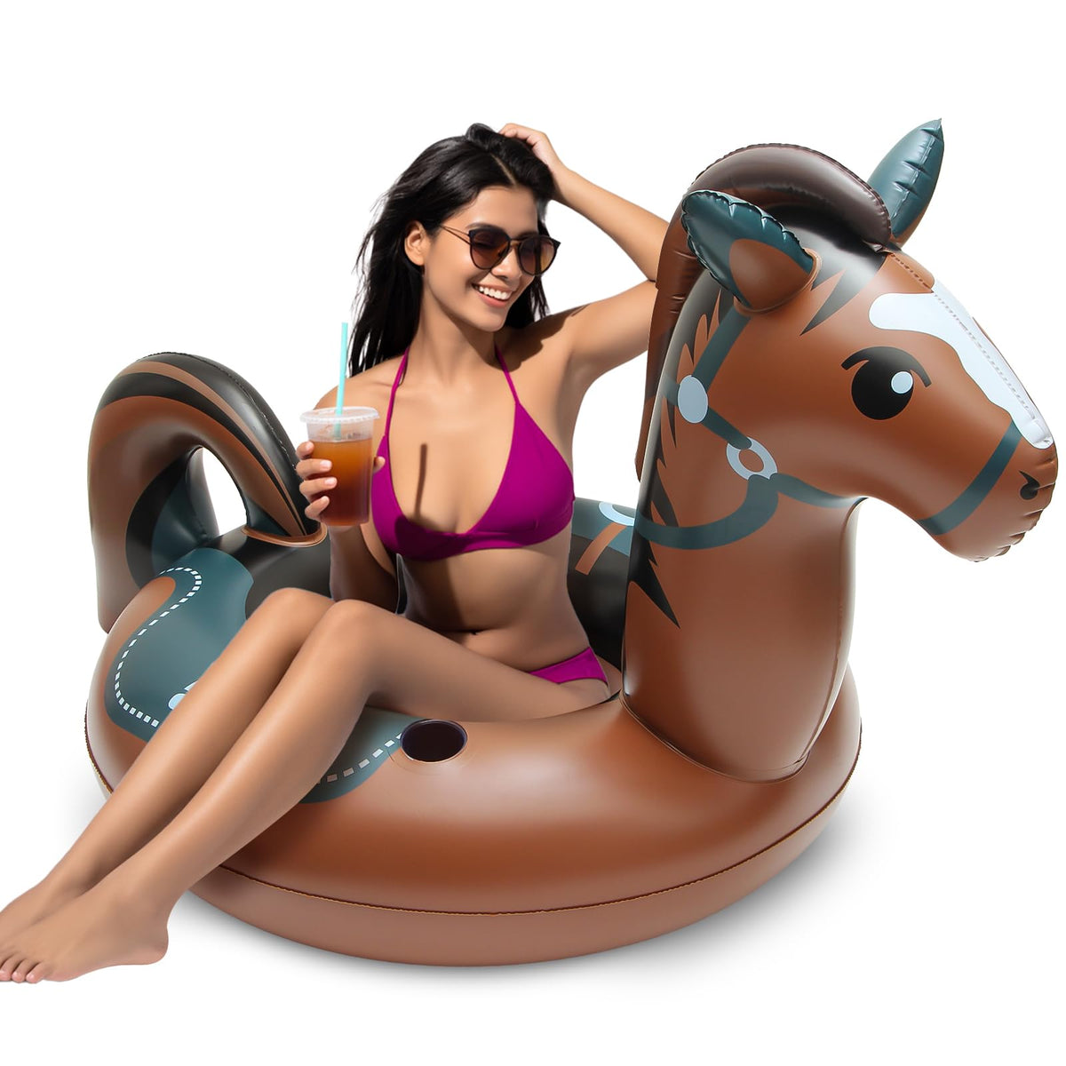 MewVeer brown horse pool float lounging on water for sunny days.