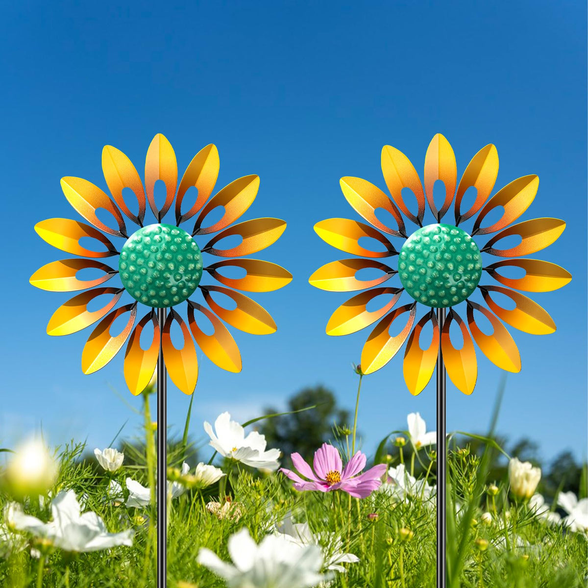 MeyRolizn sunflower wind spinner outdoors adds kinetic garden movement.