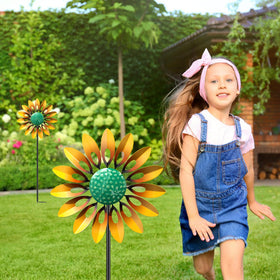 MeyRolizn sunflower wind spinner turns gracefully in breeze.