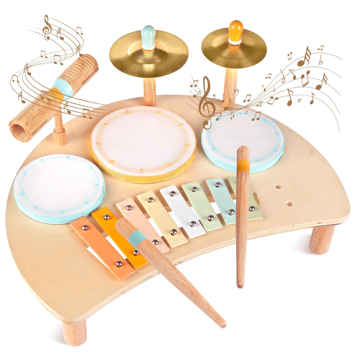 Meytccve Toddlers Drum Set front view, safe wooden design for early musical exploration.