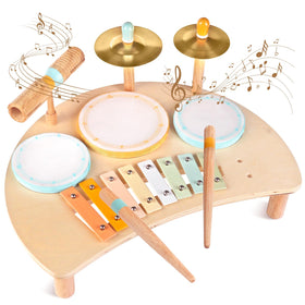 Meytccve Toddlers Drum Set front view, safe wooden design for early musical exploration.
