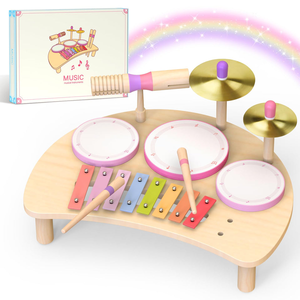 Meytccve toddler drum set in pink with xylophone supports early musical play