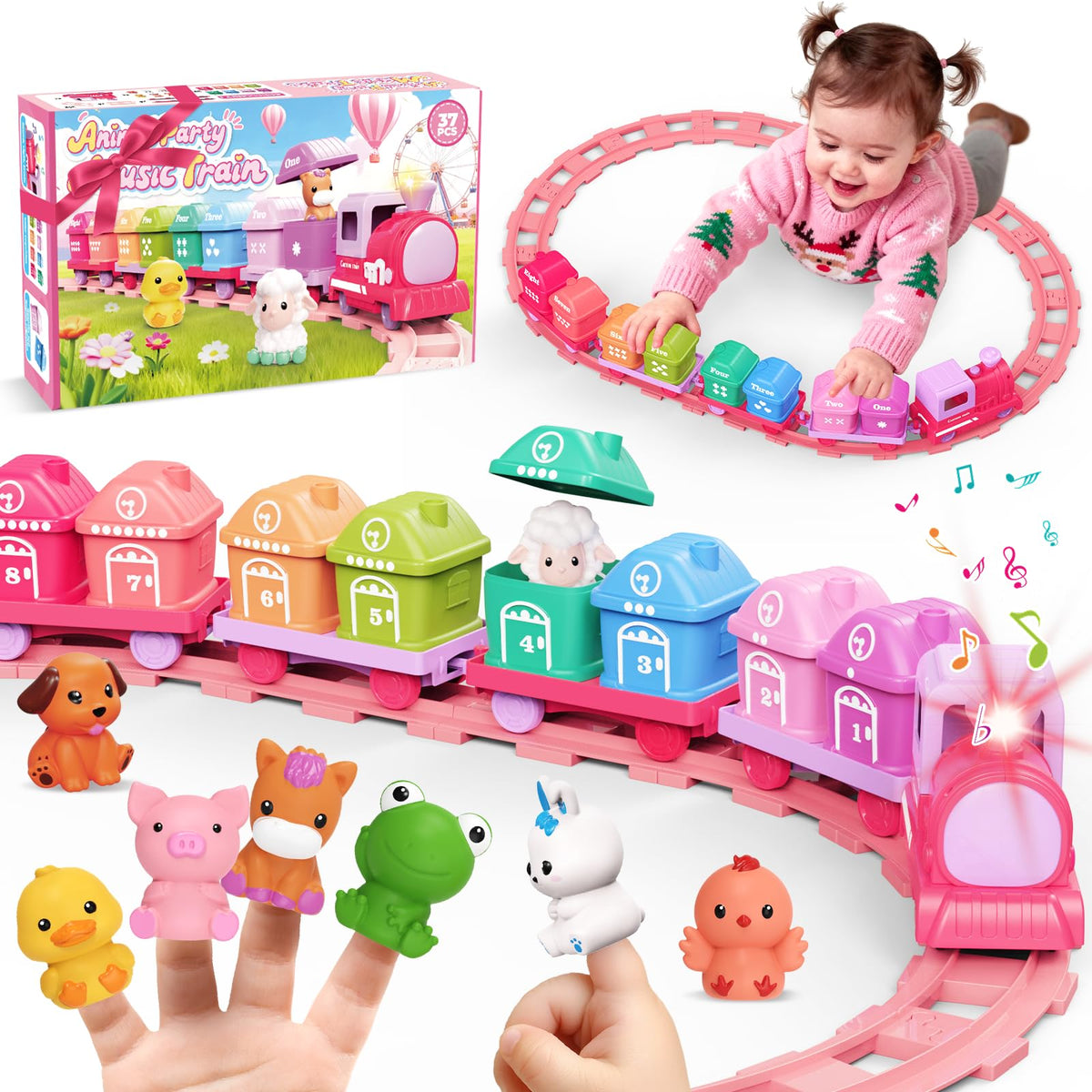 Meytccve pink locomotive train set toy for toddlers promoting imaginative play and motor skills.