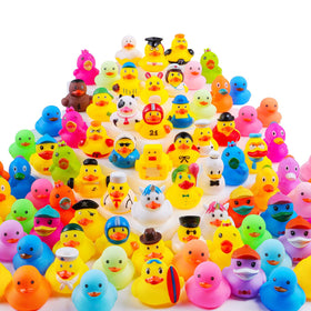 MEZHOBBY 100pcs rubber ducks with varied designs for party decor and gifts.