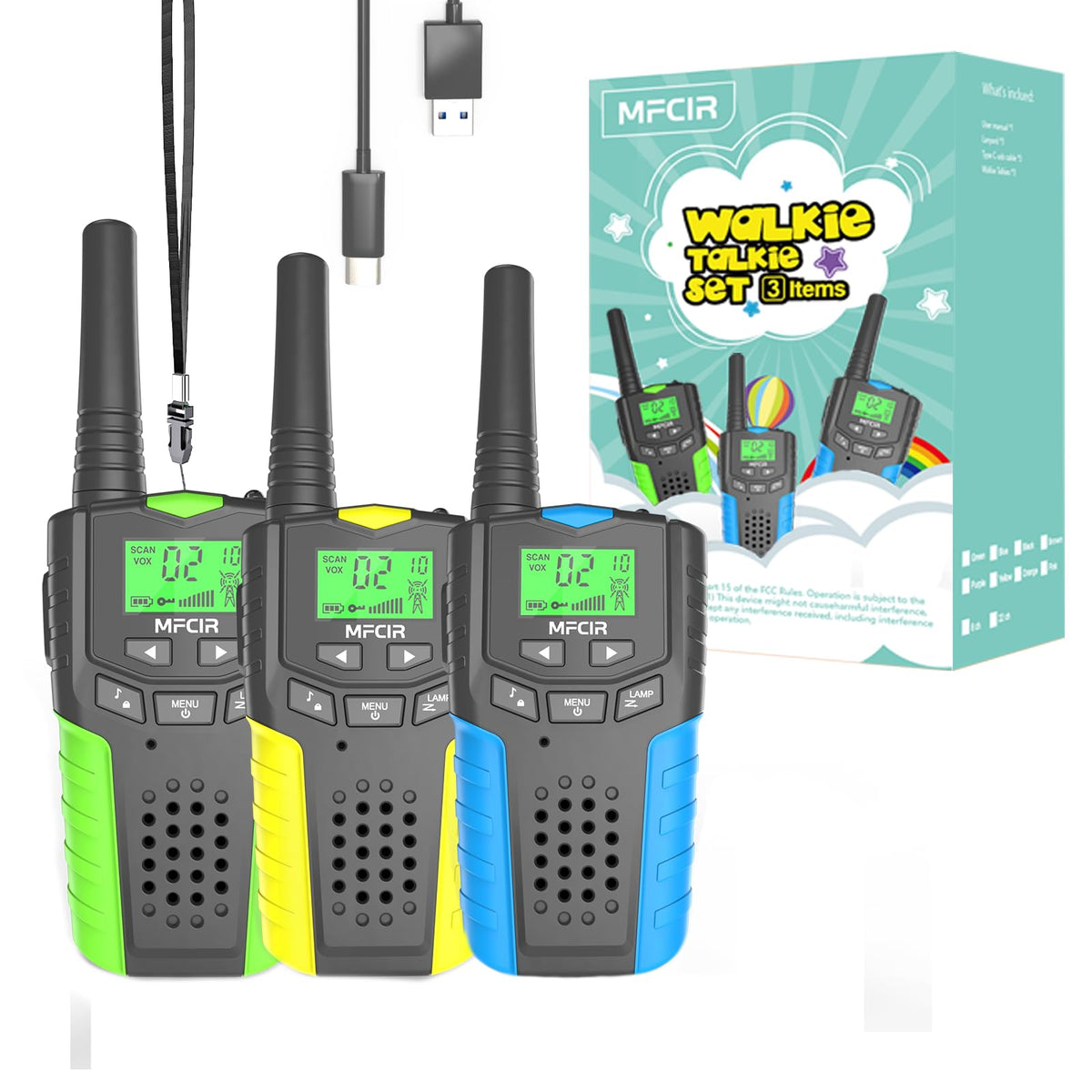 Mfcir kids walkie talkies rechargeable pack front view for extended outdoor play