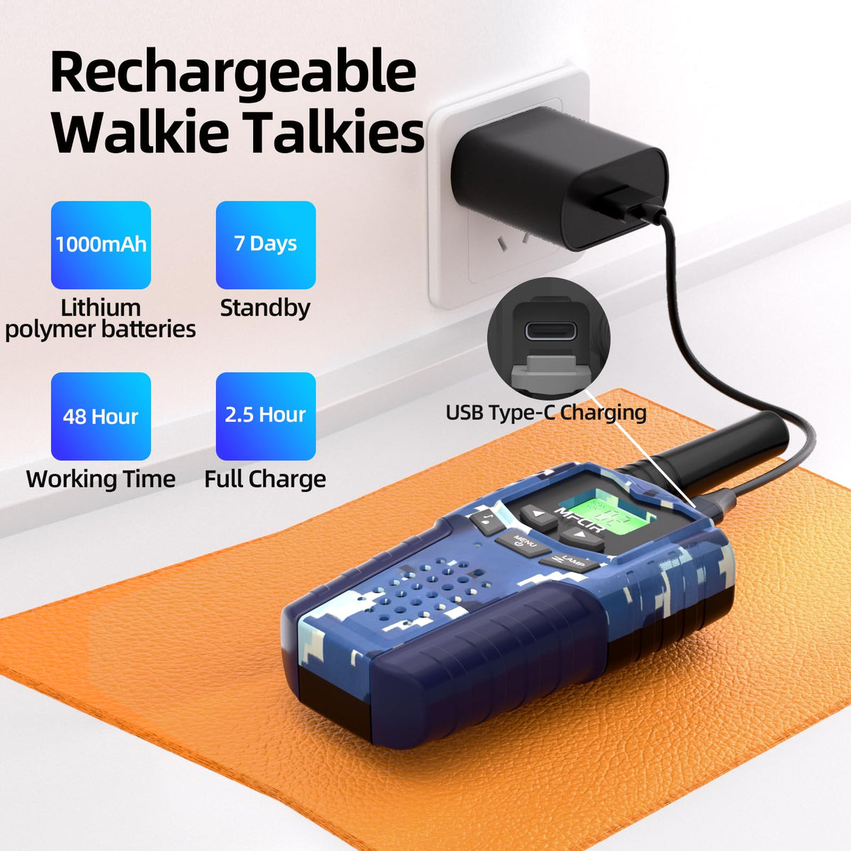 Mfcir walkie talkies camouflage close-up battery showing long-lasting power.