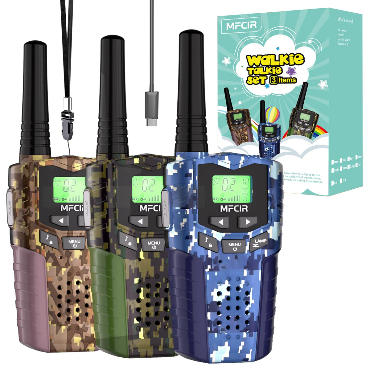 Mfcir camouflage group-shot of rechargeable kids walkie talkies for outdoor play and teamwork.