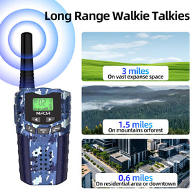 Mfcir 3-mile range walkie talkies shown in outdoor communication scenario.