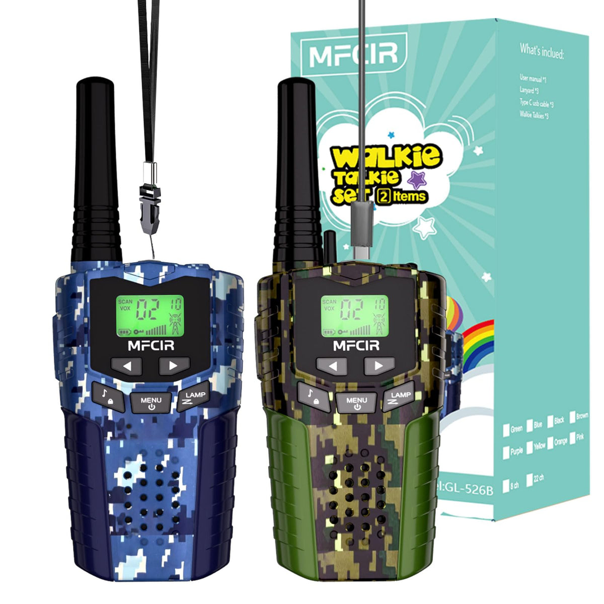 Mfcir walkie talkies kids 2-pack front view for shared playtime.