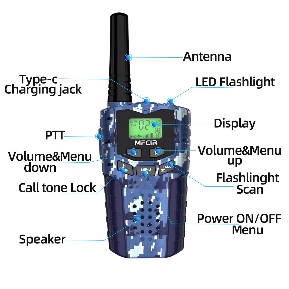 Mfcir walkie talkies kids 2-pack VOX hands-free for easy conversation.