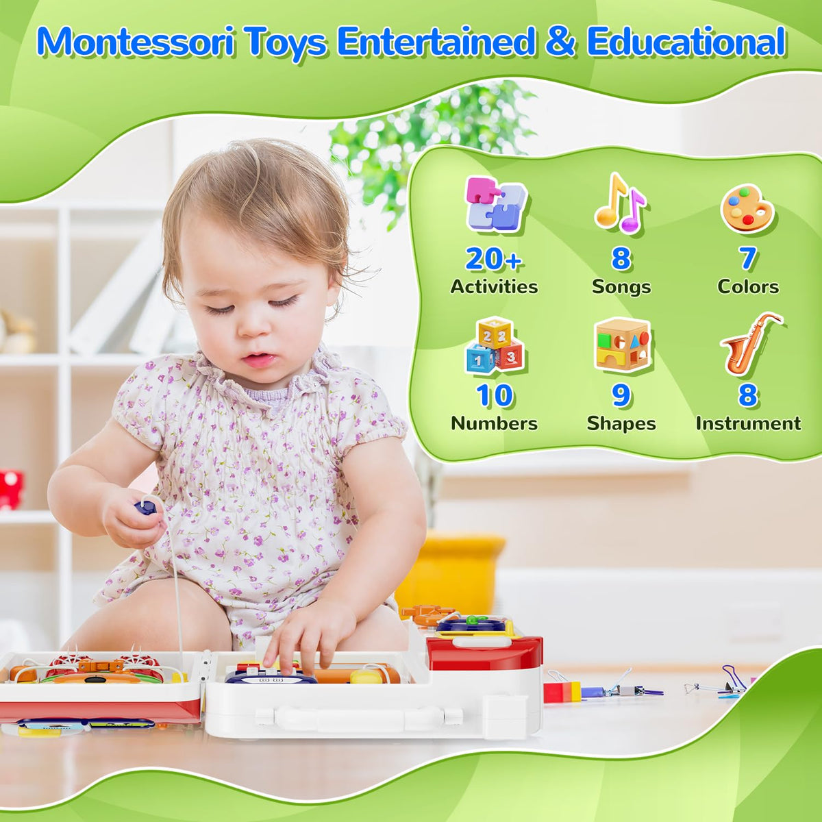 MFEESYOB busy board doors and windows invites tactile discovery and problem-solving in toddlers.