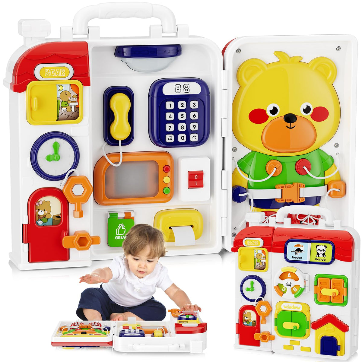 MFEESYOB Montessori busy board with music buttons supports fine motor play and exploration.