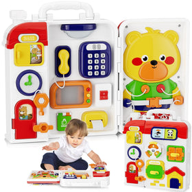 MFEESYOB Montessori busy board with music buttons supports fine motor play and exploration.