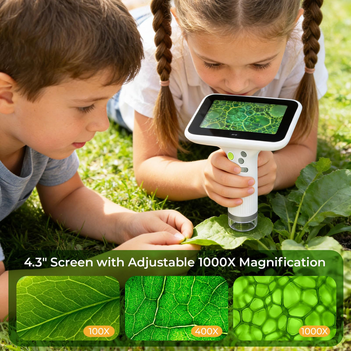M&G 1000X zoom handheld digital microscope enables closeups of bugs, leaves, and textures.