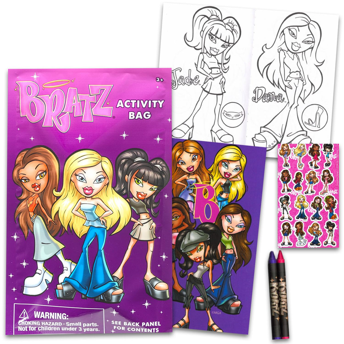 Bratz play pack mini coloring book and stickers in a portable party kit.