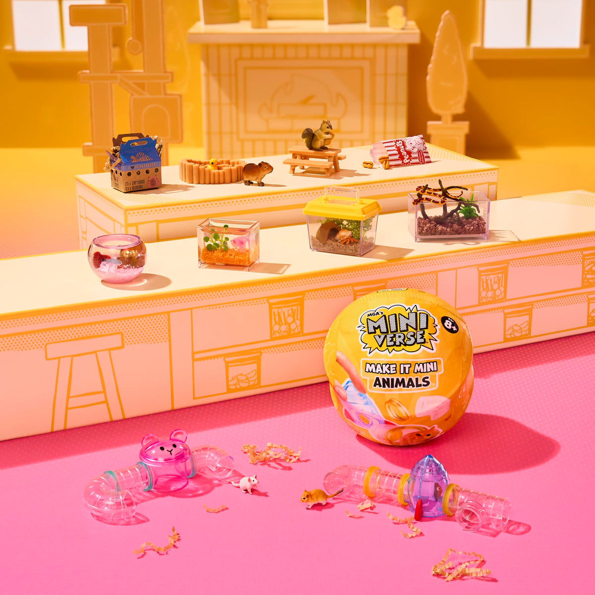 Close-up of the tiny figure and habitat accessories from MGA's Make It Mini Animals.