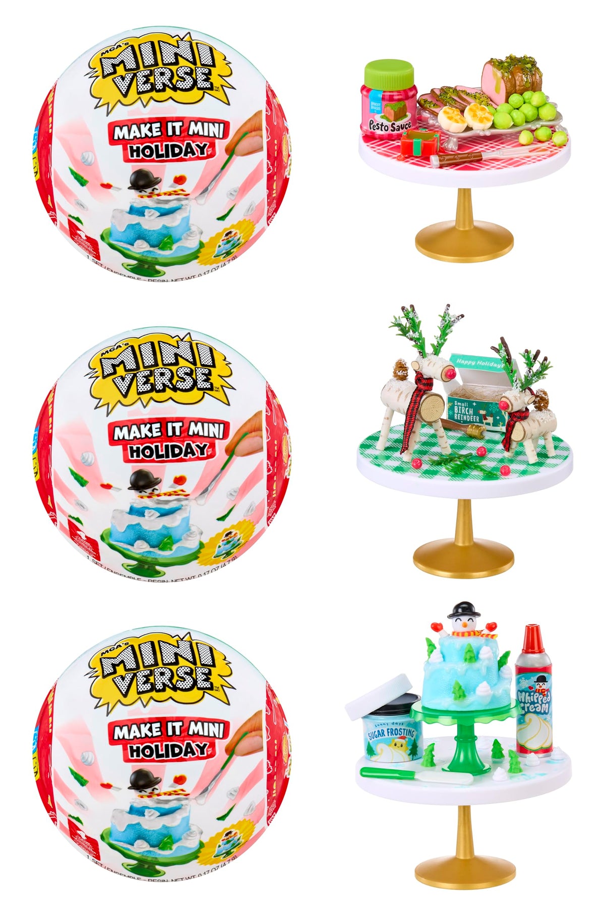 MGA's Miniverse Make It Mini Holiday 3-pack shows three surprise balls for crafting and collecting.