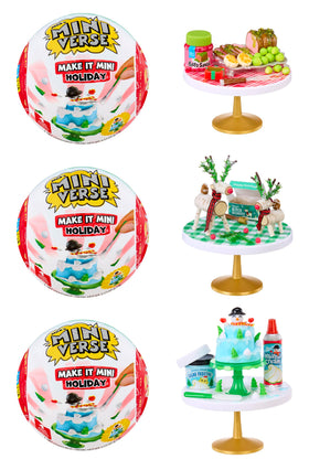 MGA's Miniverse Make It Mini Holiday 3-pack shows three surprise balls for crafting and collecting.
