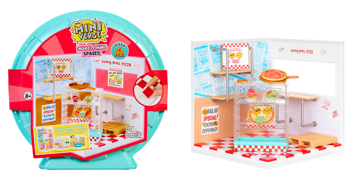 MGA's Miniverse Make It Mini Spaces unboxing kit with vibrant mini pieces for display.