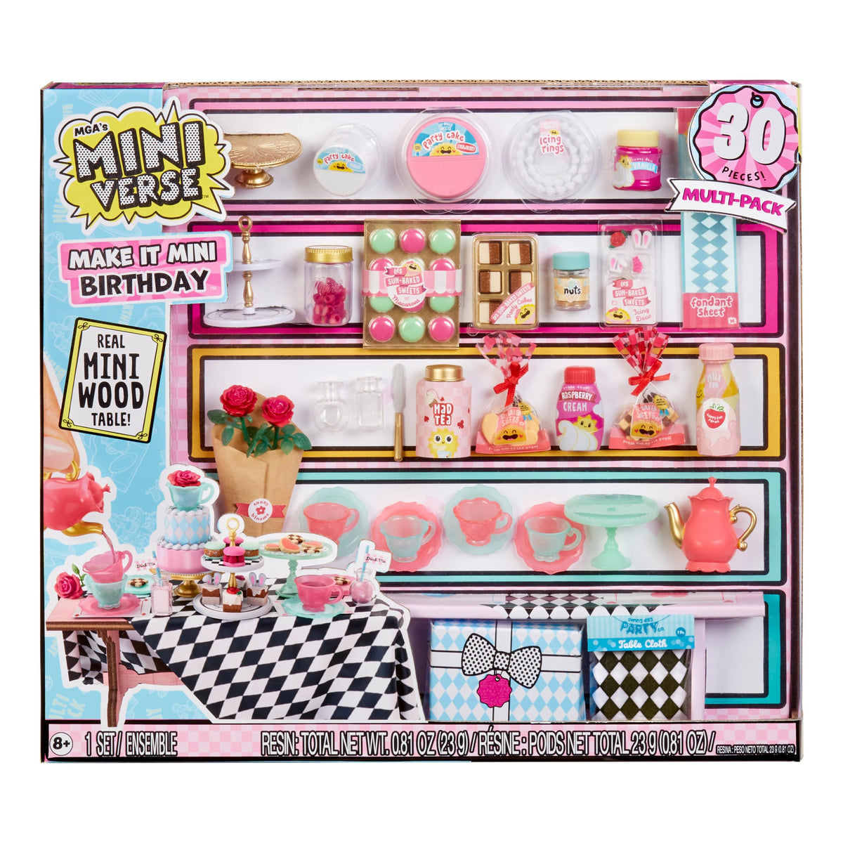 MGA's Miniverse Mini Celebration Multipack pack shot featuring a 30-piece mini party kit for display