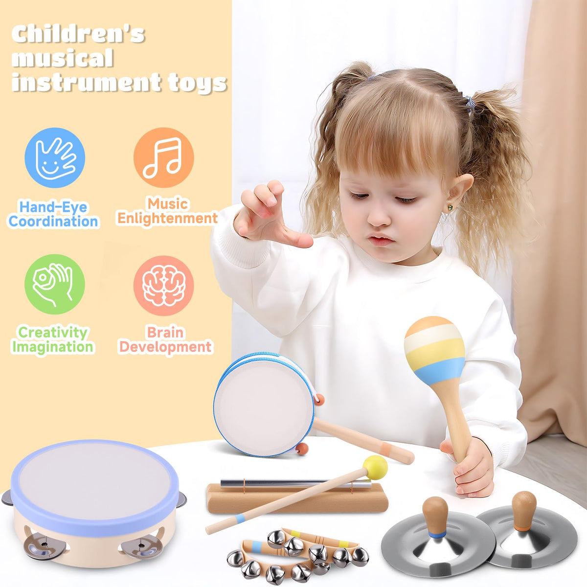MGparty hand bells and cymbals set encourages social play among toddlers.