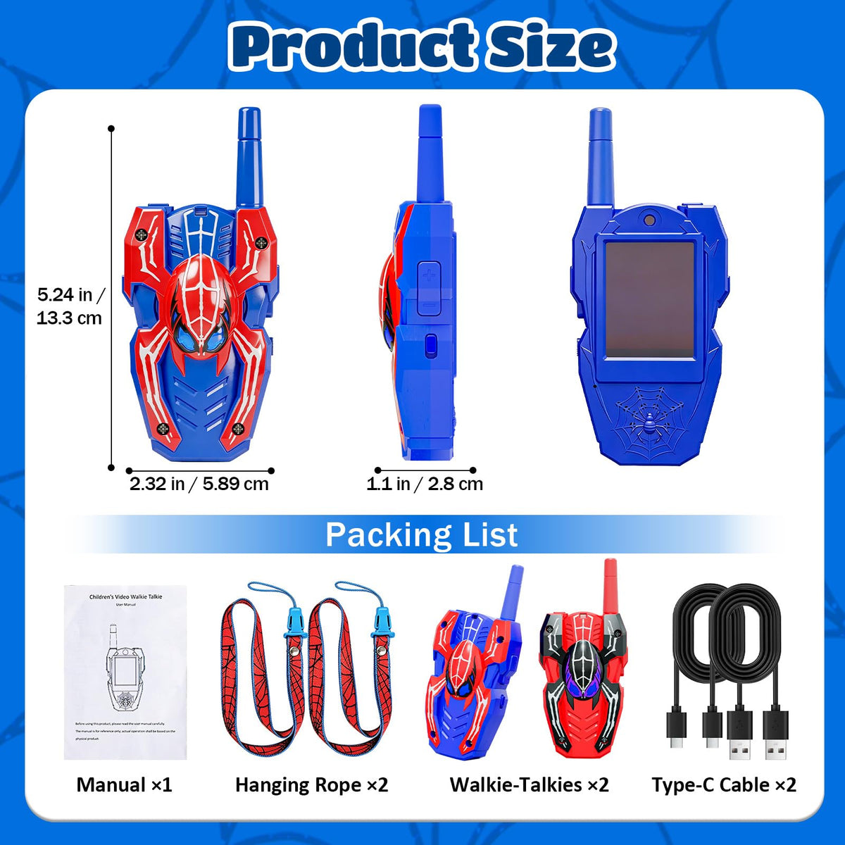 MGparty kids video walkie spider side view with ergonomic grip for active adventures.