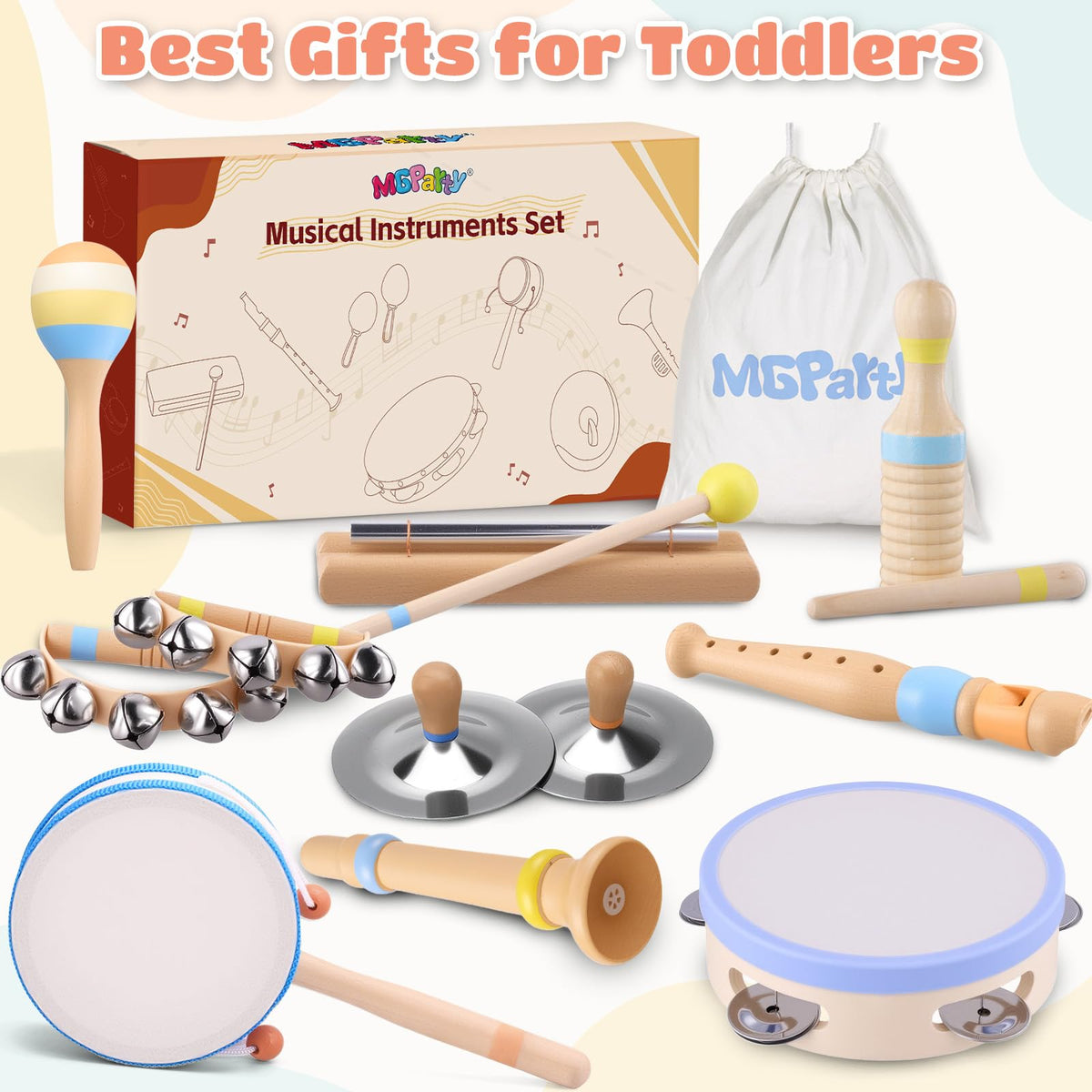 MGparty natural wood texture highlights safe, durable toddler instruments.