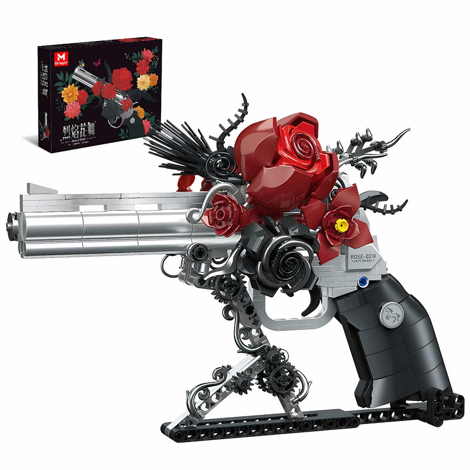 MGrayer Gothic Rose Revolver front view blending metal and petals for display