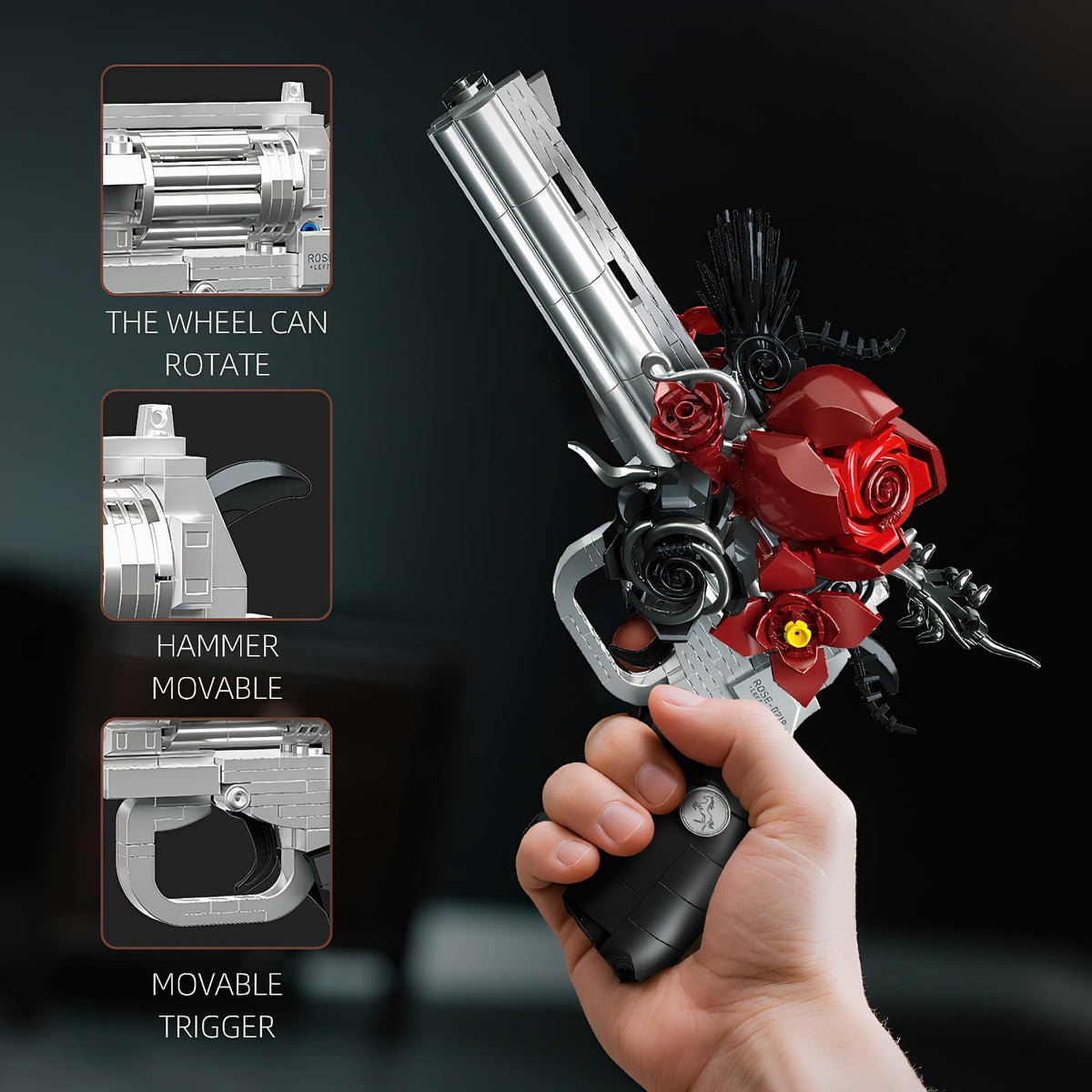 Rotatable revolver wheel adds dynamic motion to the build