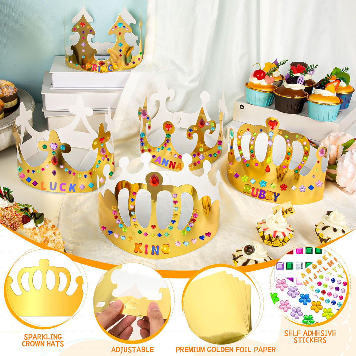 MGZTTHW Gold Crowns Kids decorating scene highlights personalized crown creativity